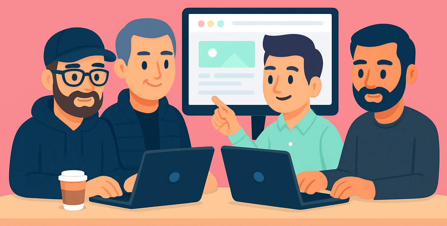 Team collaborating around a table with laptops.